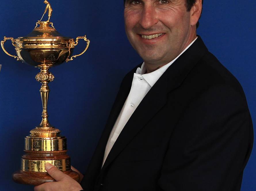 Jose Maria Olazabal of Spain poses with The Ryder Cup trophy aft